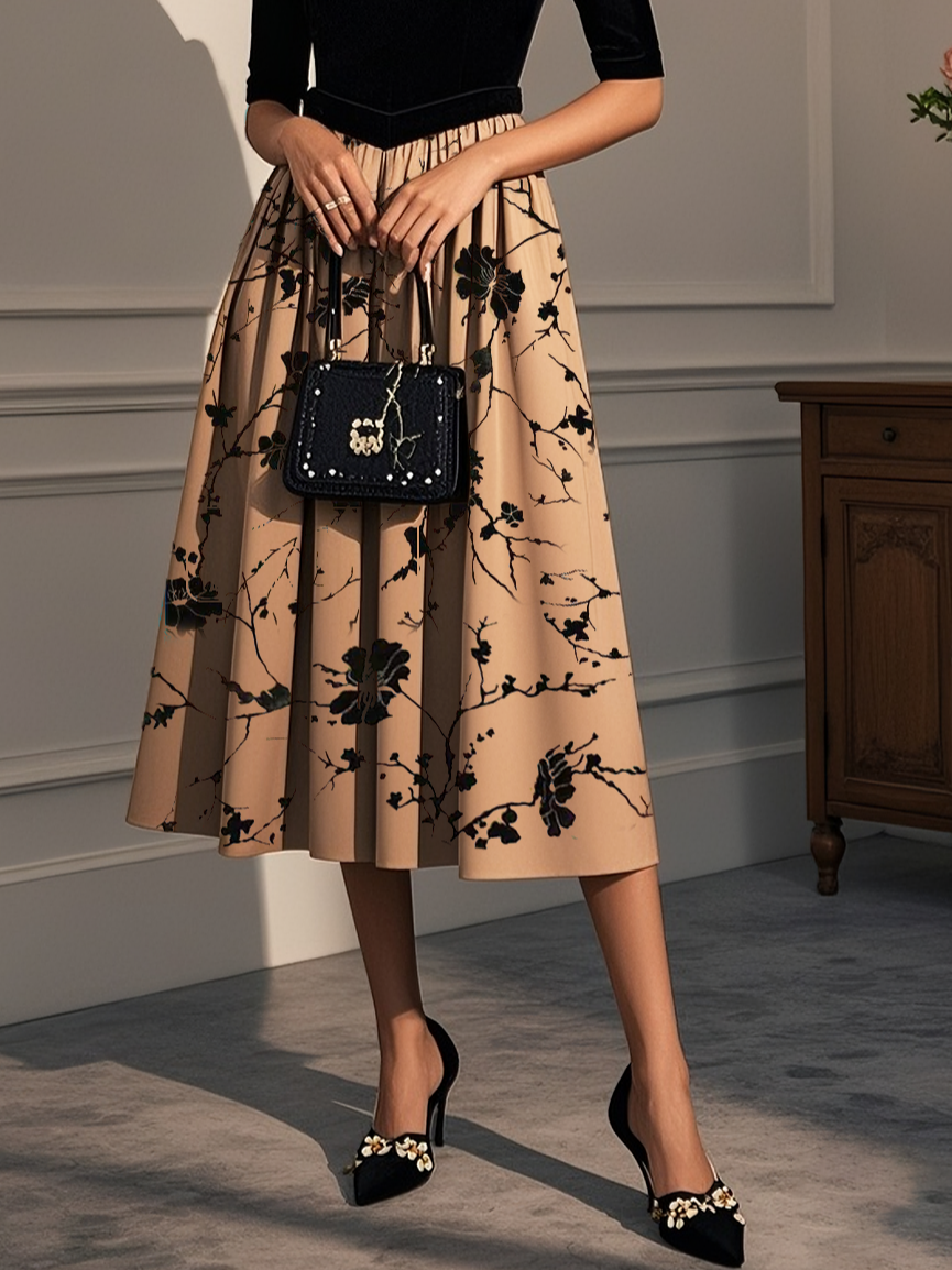 Khaki Floral Velvet Sweetheart Neckline Half Sleeve A-Line Midi Dress