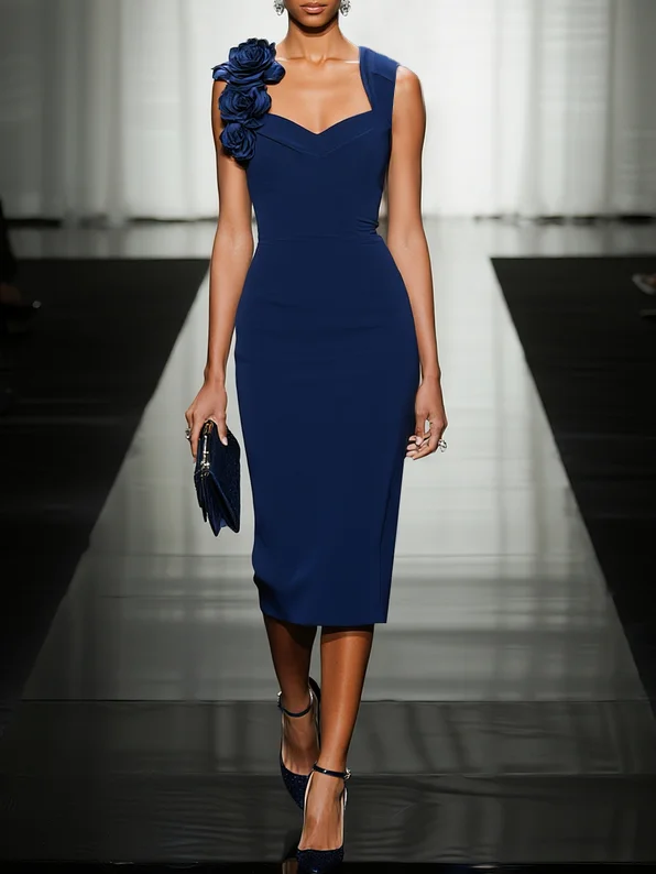 Blue 3D Floral Classic Sweetheart Neckline Sleeveless Sheath Midi Dress
