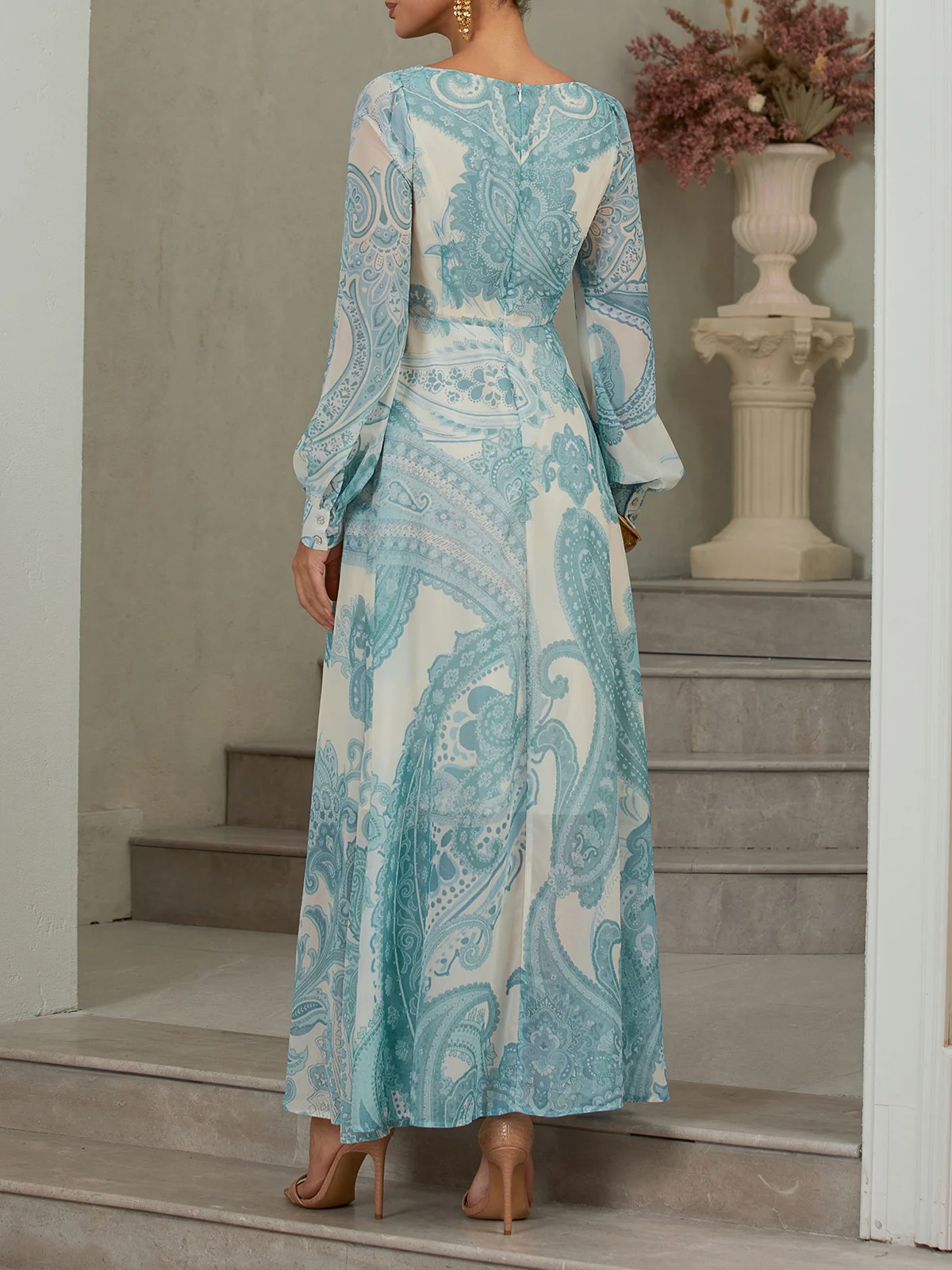 Light Blue Floral Chiffon Crew Neck Long Sleeve Balloon Sleeve A-Line Maxi Dress