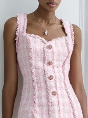 Pink Webbing Buckle Tweed Spaghetti Sleeveless A-Line Mini Dress