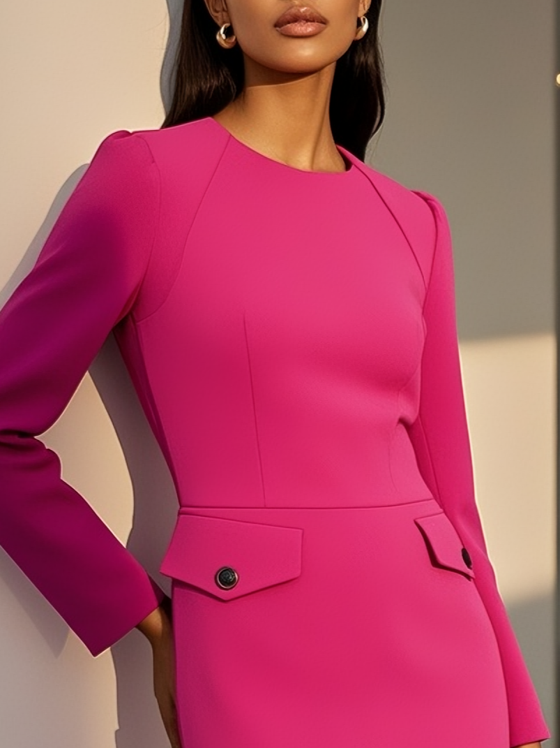 Rose Red Buckle Classic Crew Neck Long Sleeve Sheath Mini Dress