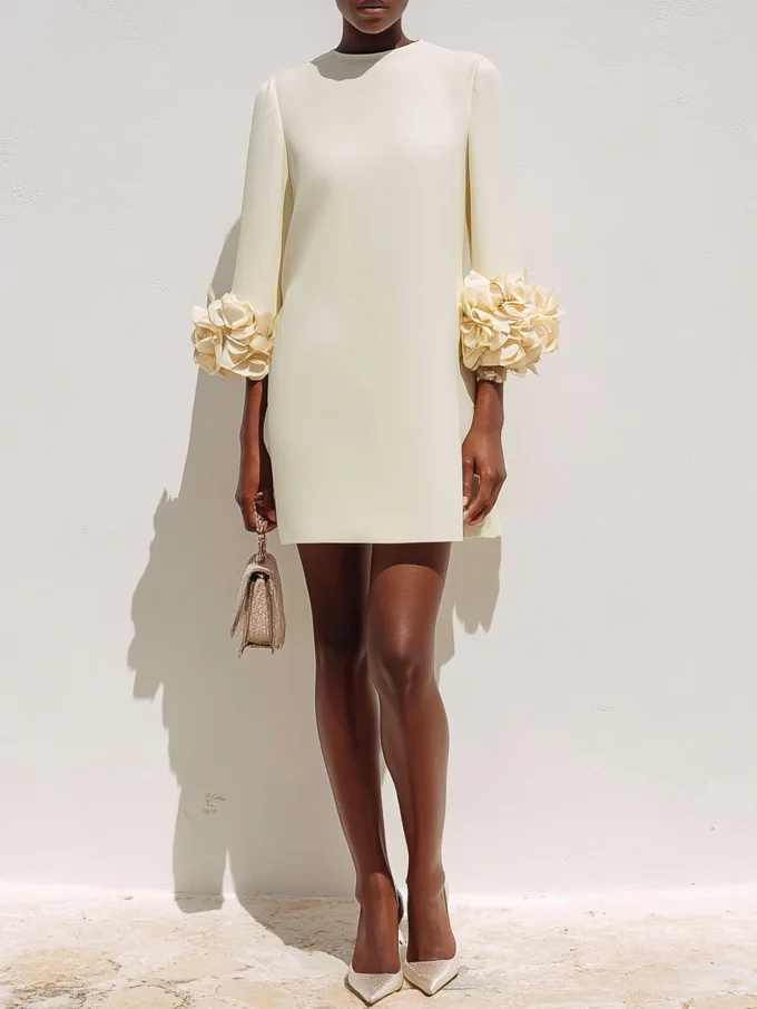 Off White 3D Floral Classic Crew Neck Three Quarter Sleeve Shift Mini Dress