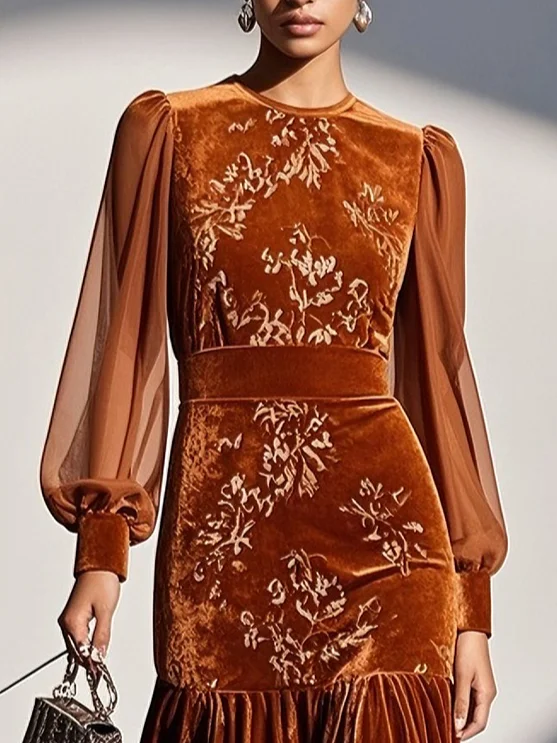 Caramel Mesh Velvet Crew Neck Long Sleeve Balloon Sleeve Mermaid Midi Dress