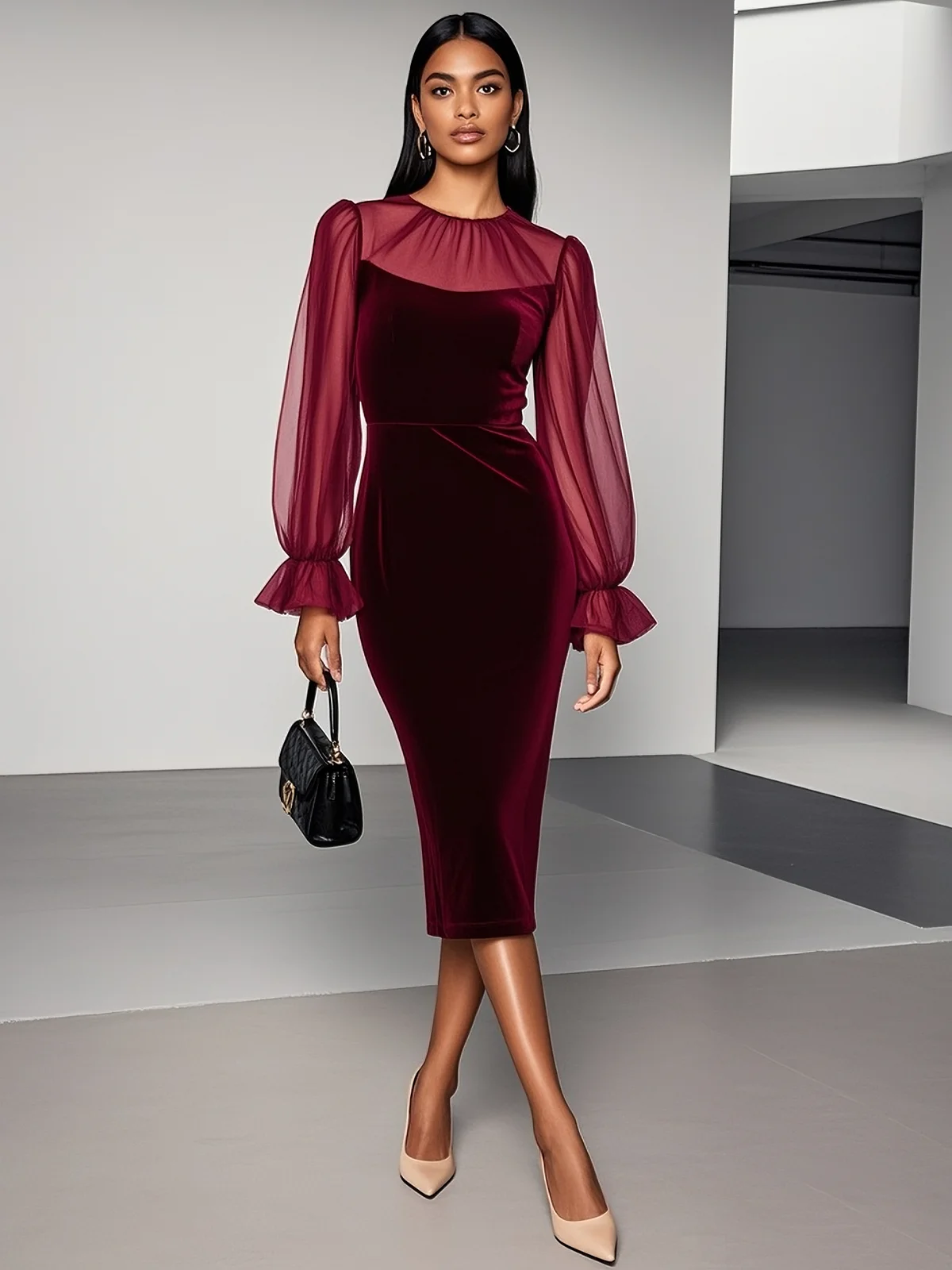 Wine Red Mesh Velvet Crew Neck Long Sleeve Bell Sleeve Sheath Midi Dress