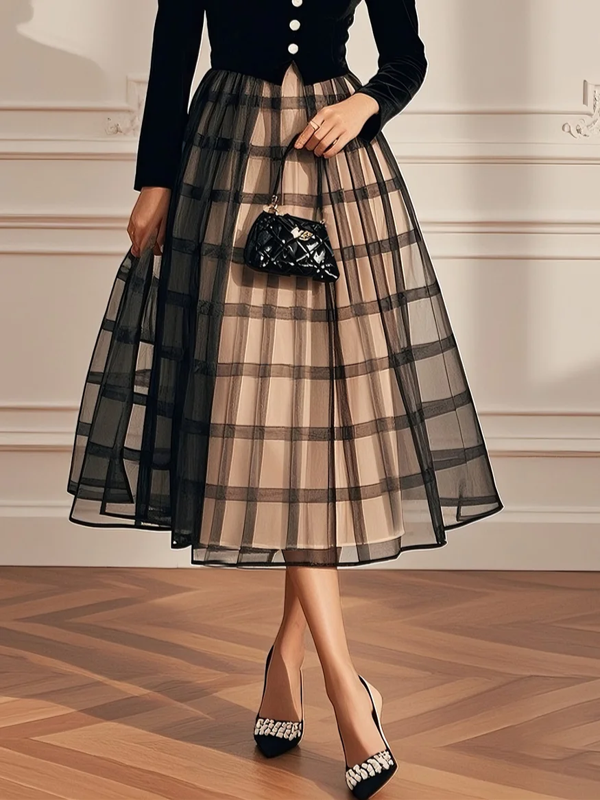 Black Buckle Mesh Velvet V Neck Long Sleeve A-Line Midi Dress