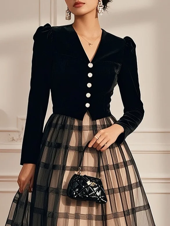 Black Buckle Mesh Velvet V Neck Long Sleeve A-Line Midi Dress