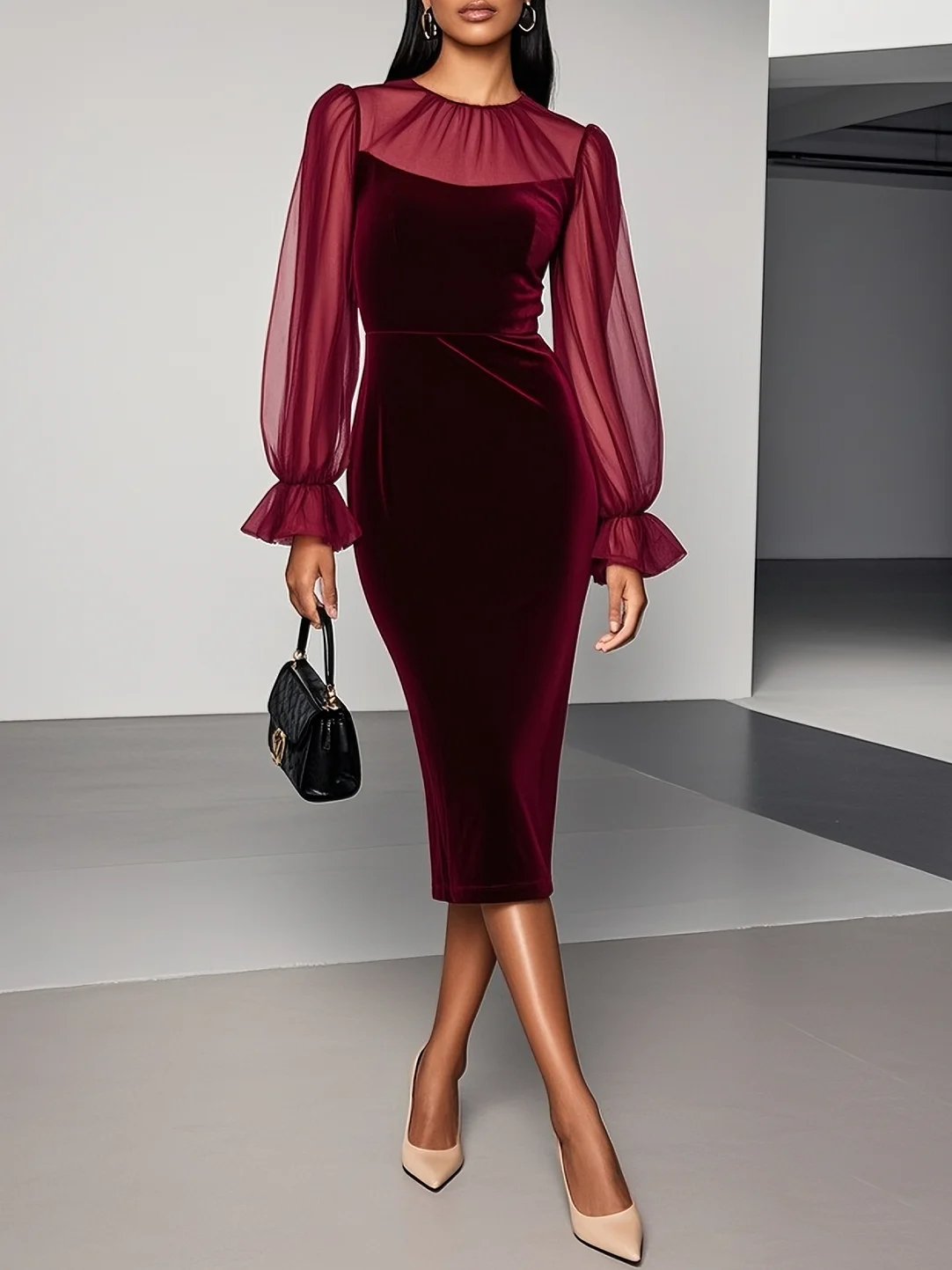 Wine Red Mesh Velvet Crew Neck Long Sleeve Bell Sleeve Sheath Knee Length Dress
