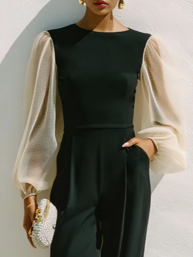 Women Black Mesh Crew Neck Long Sleeve Dressy Jumpsuit