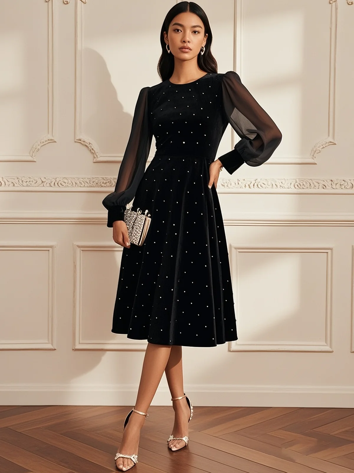 Black Hot Drilling Mesh Velvet Crew Neck Long Sleeve Balloon Sleeve A-Line Midi Dress