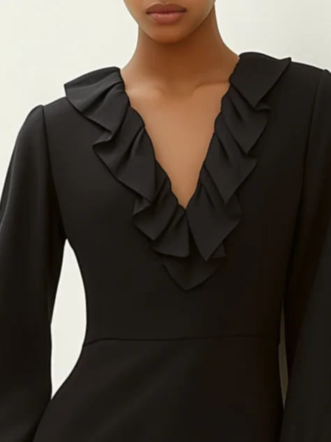 Black Ruffled Classic V Neck Long Sleeve A-Line Mini Dress