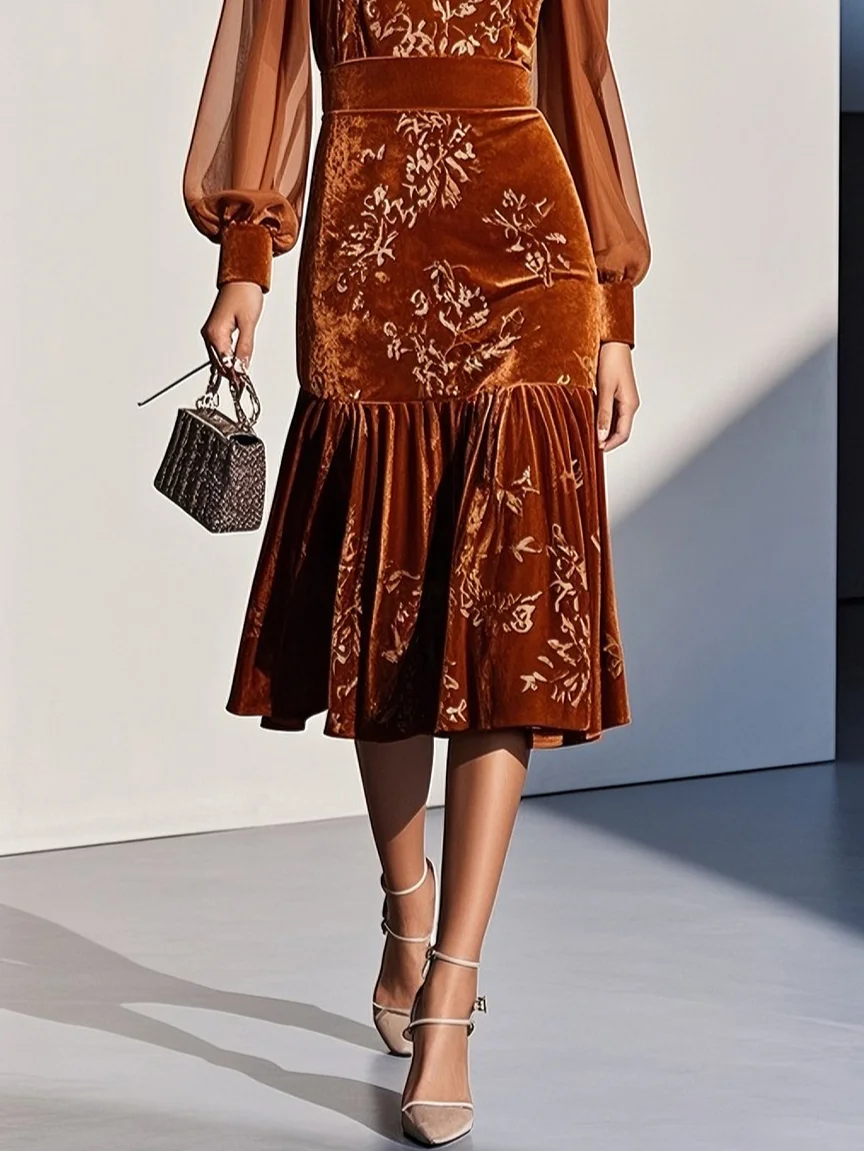 Caramel Mesh Velvet Crew Neck Long Sleeve Balloon Sleeve Mermaid Midi Dress