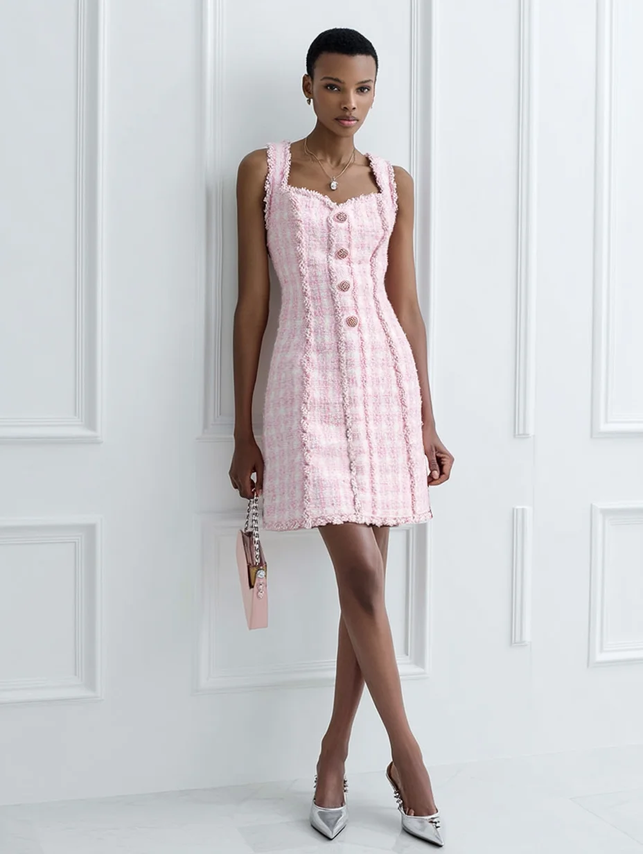 Pink Webbing Buckle Tweed Spaghetti Sleeveless A-Line Mini Dress