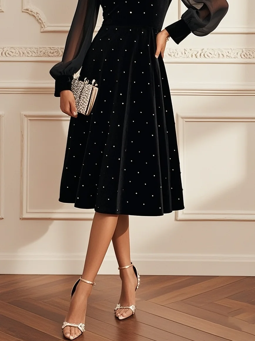 Black Hot Drilling Mesh Velvet Crew Neck Long Sleeve Balloon Sleeve A-Line Midi Dress