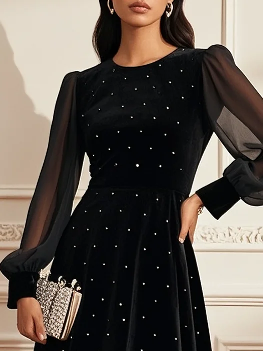Black Hot Drilling Mesh Velvet Crew Neck Long Sleeve Balloon Sleeve A-Line Midi Dress