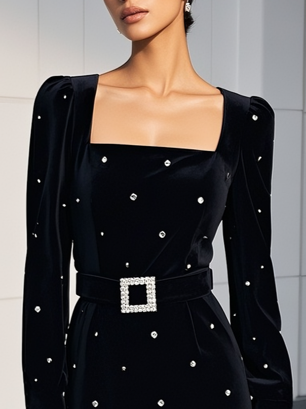 Black Hot Drilling Rhinestone Velvet Square Neck Long Sleeve Sheath Mini Dress