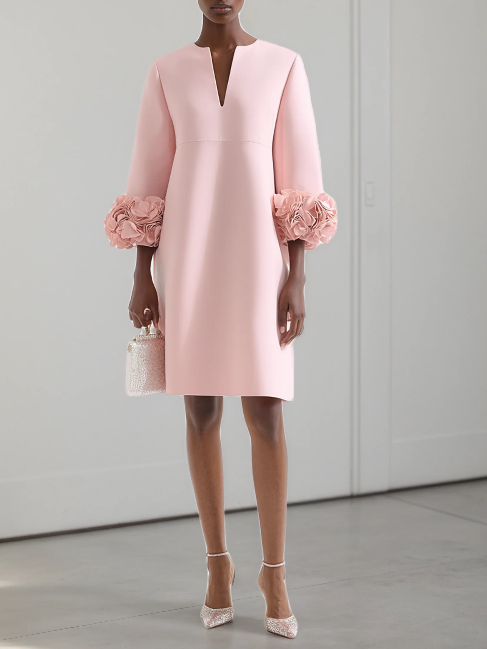 Pink 3D Floral Classic Notched Long Sleeve A-Line Midi Dress