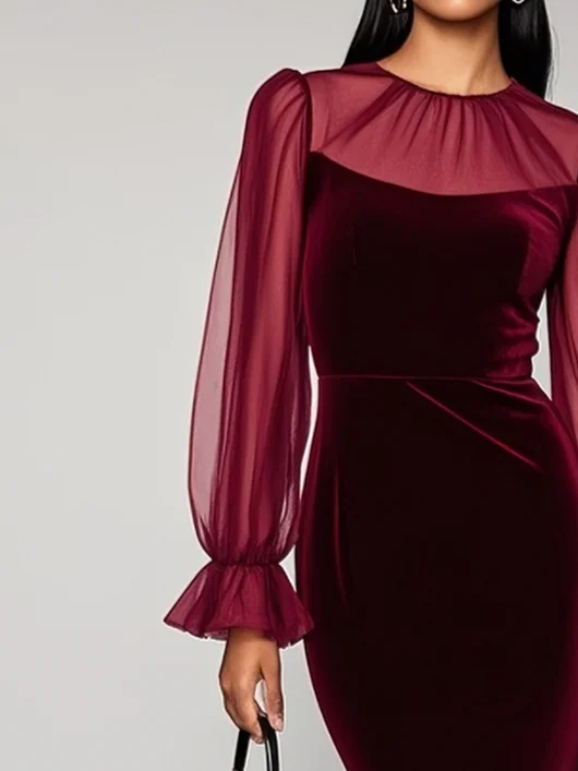 Wine Red Mesh Velvet Crew Neck Long Sleeve Bell Sleeve Sheath Knee Length Dress