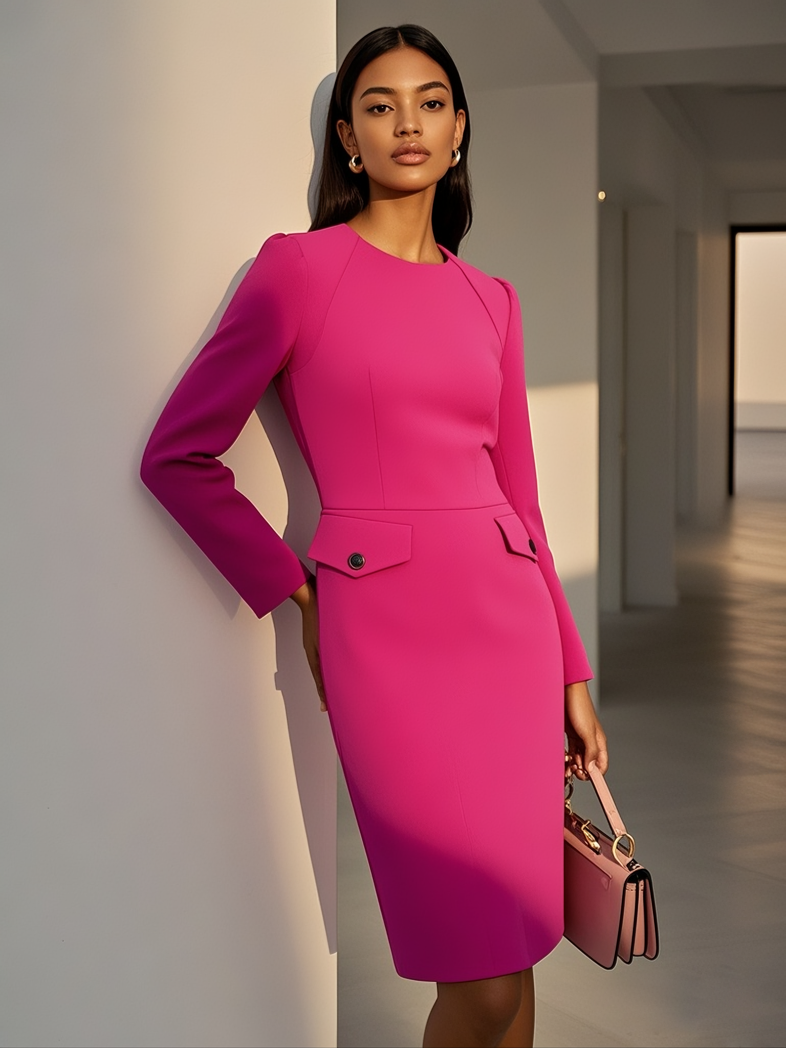 Rose Red Buckle Classic Crew Neck Long Sleeve Sheath Mini Dress