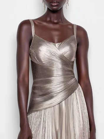 Silver Flash Ruched Irregular Craftsmanship Classic Spaghetti Sleeveless A-Line Maxi Dress
