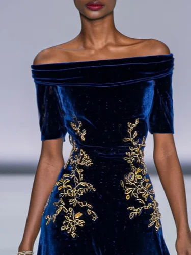 Deep Blue Applique Gathered Velvet Off The Shoulder Half Sleeve A-Line Midi Dress