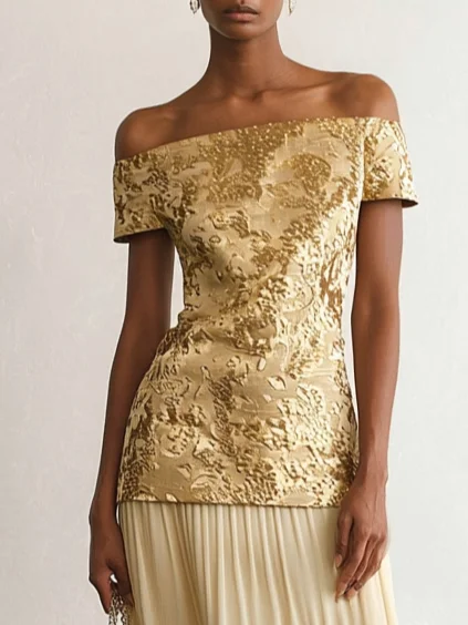 Golden Jacquard Split Joint Classic Off The Shoulder Short Sleeve A-Line Maxi Dress