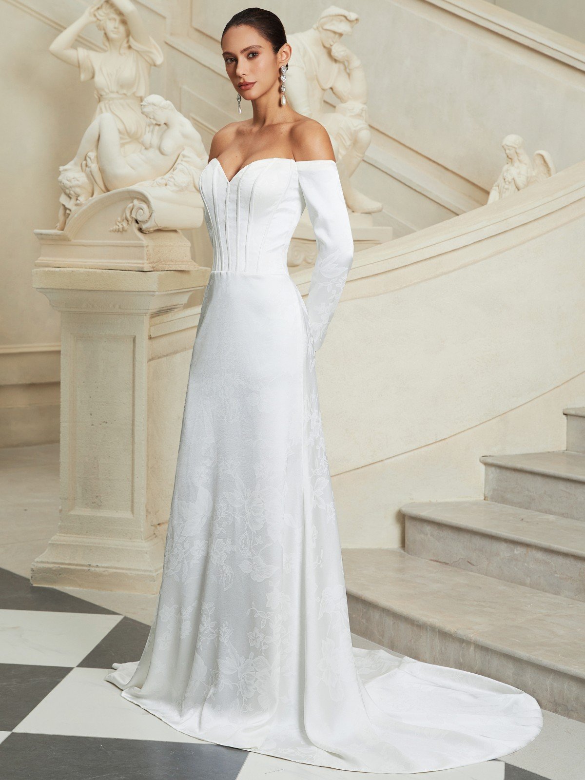 White Bridal/Wedding Dress Off The Shoulder Long Sleeve A-Line Gown Dress