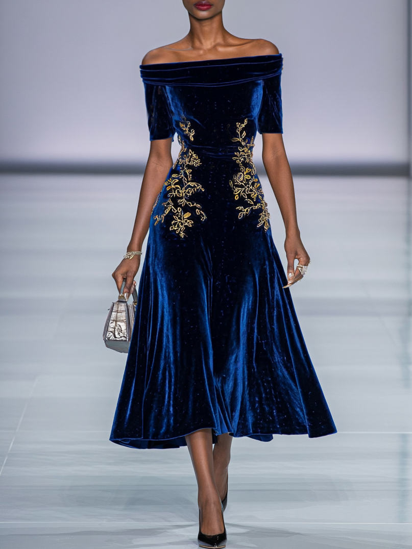 Deep Blue Applique Gathered Velvet Off The Shoulder Half Sleeve A-Line Midi Dress