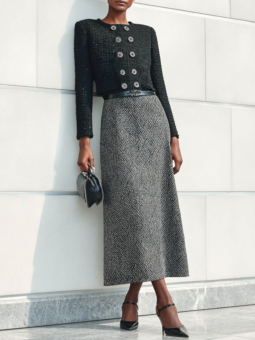 Women Black Buckle Slit Crew Neck Long Sleeve Dressy Coat With Skirt Two-Piece Set