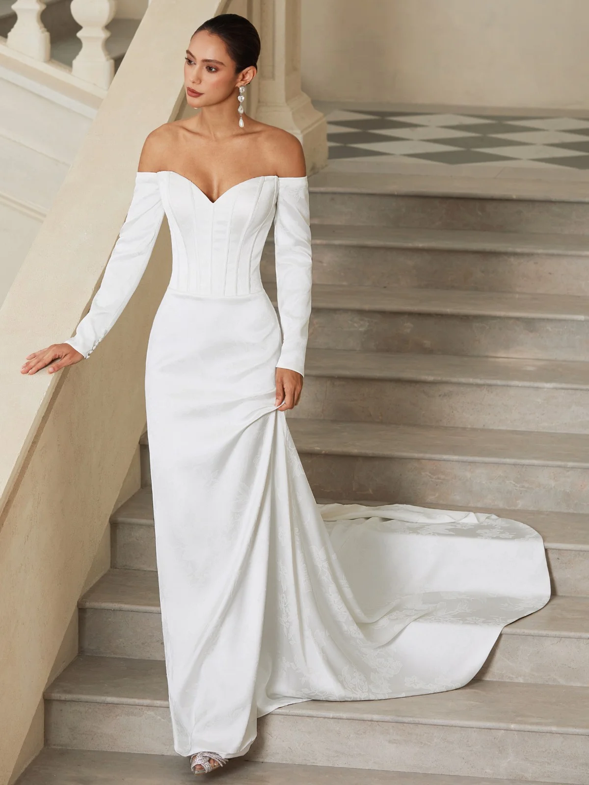 White Bridal/Wedding Dress Off The Shoulder Long Sleeve A-Line Gown Dress
