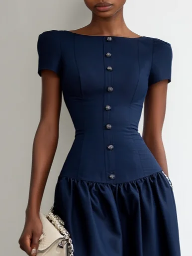 Purplish blue Ruched Buckle Classic Boat Neck Sleeveless A-Line Maxi Dress