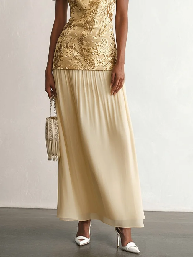 Golden Jacquard Split Joint Classic Off The Shoulder Short Sleeve A-Line Maxi Dress