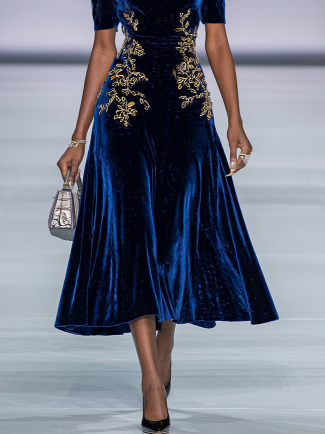 Deep Blue Applique Gathered Velvet Off The Shoulder Half Sleeve A-Line Midi Dress