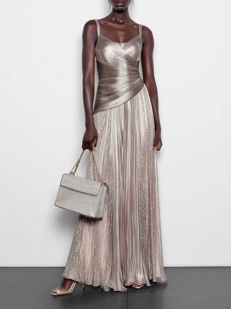 Silver Flash Ruched Irregular Craftsmanship Classic Spaghetti Sleeveless A-Line Maxi Dress