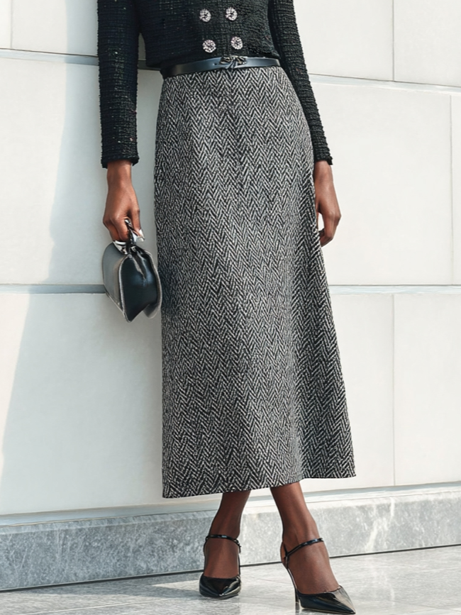 Women Black Buckle Slit Crew Neck Long Sleeve Dressy Coat With Skirt Two-Piece Set