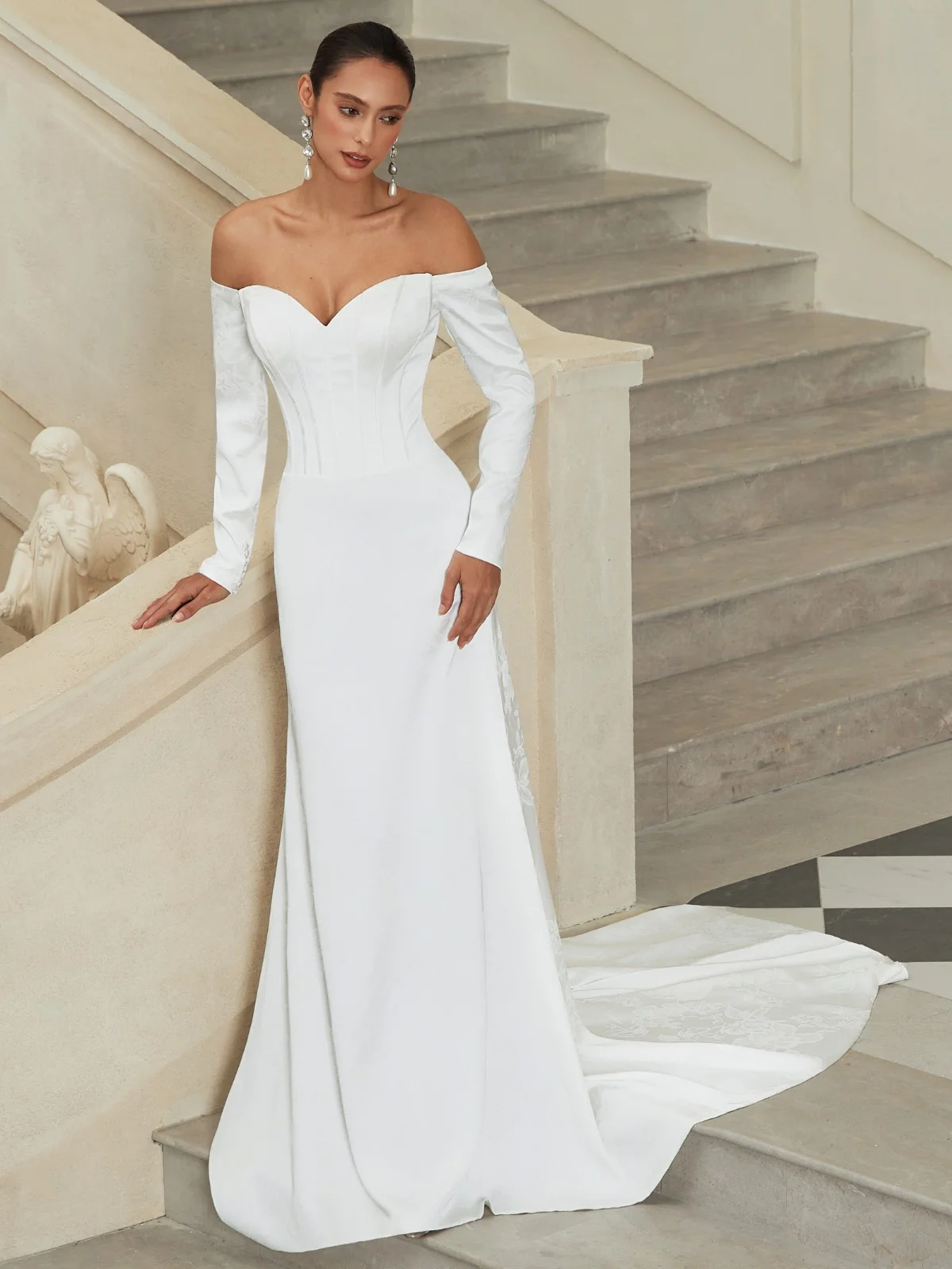 White Bridal/Wedding Dress Off The Shoulder Long Sleeve A-Line Gown Dress
