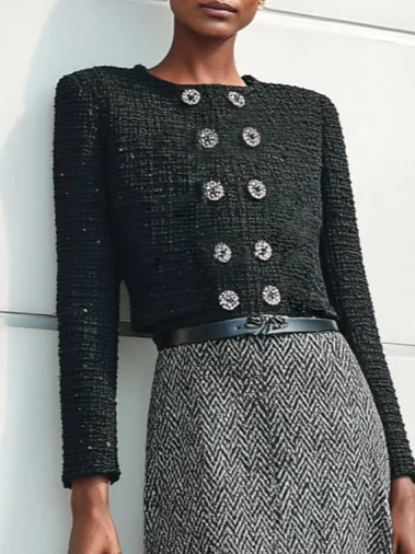 Women Black Buckle Slit Crew Neck Long Sleeve Dressy Coat With Skirt Two-Piece Set