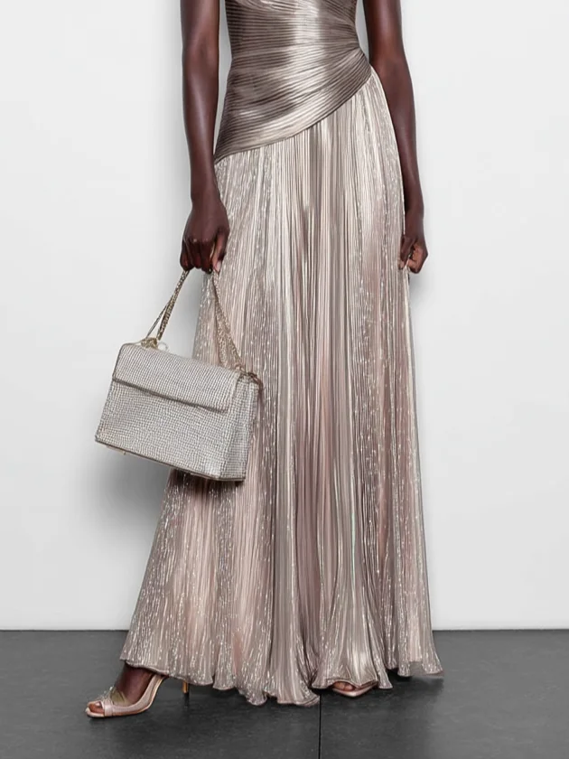 Silver Flash Ruched Irregular Craftsmanship Classic Spaghetti Sleeveless A-Line Maxi Dress