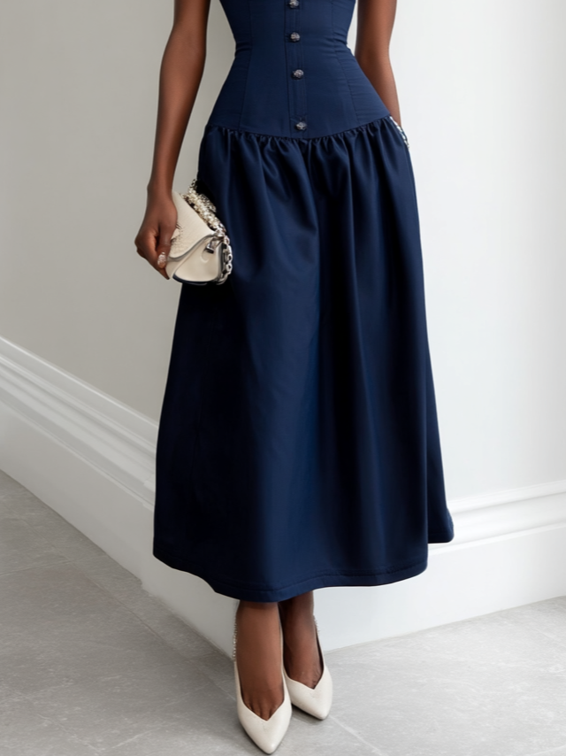 Purplish blue Ruched Buckle Classic Boat Neck Sleeveless A-Line Maxi Dress