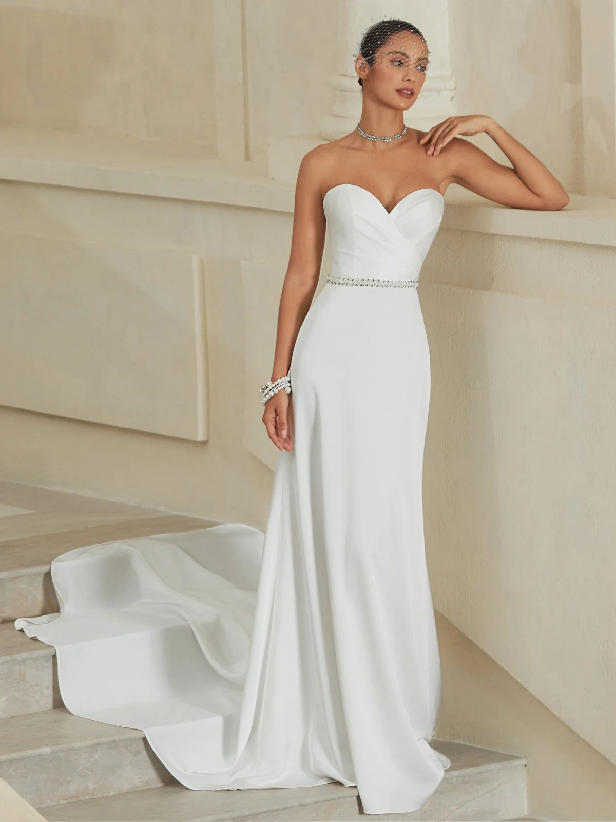 White Beaded Bridal/Wedding Dress Strapless Sleeveless A-Line Gown Dress