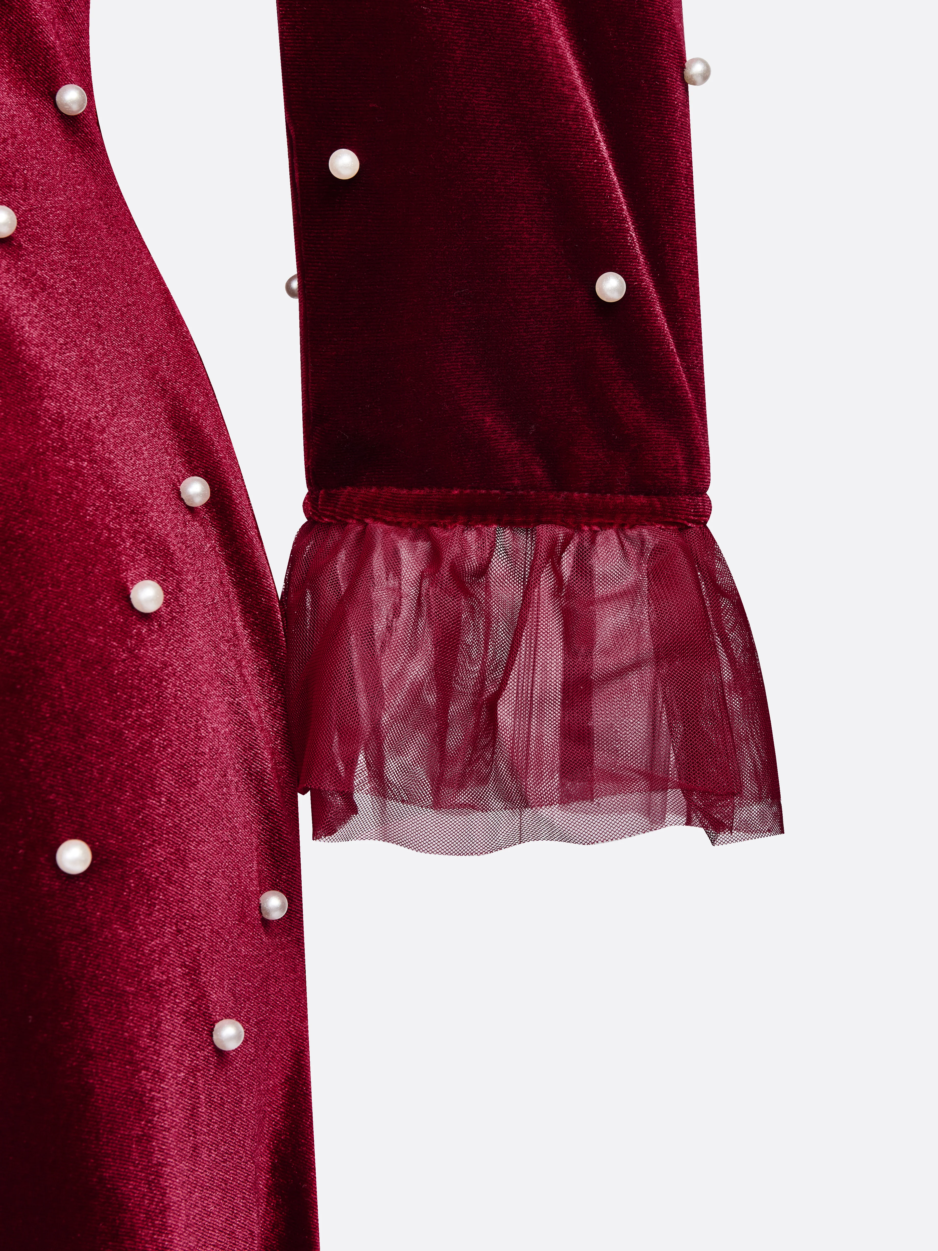 Burgundy Beaded Mock Neck Three Quarter Sleeve A-Line Maxi Velvet Dress