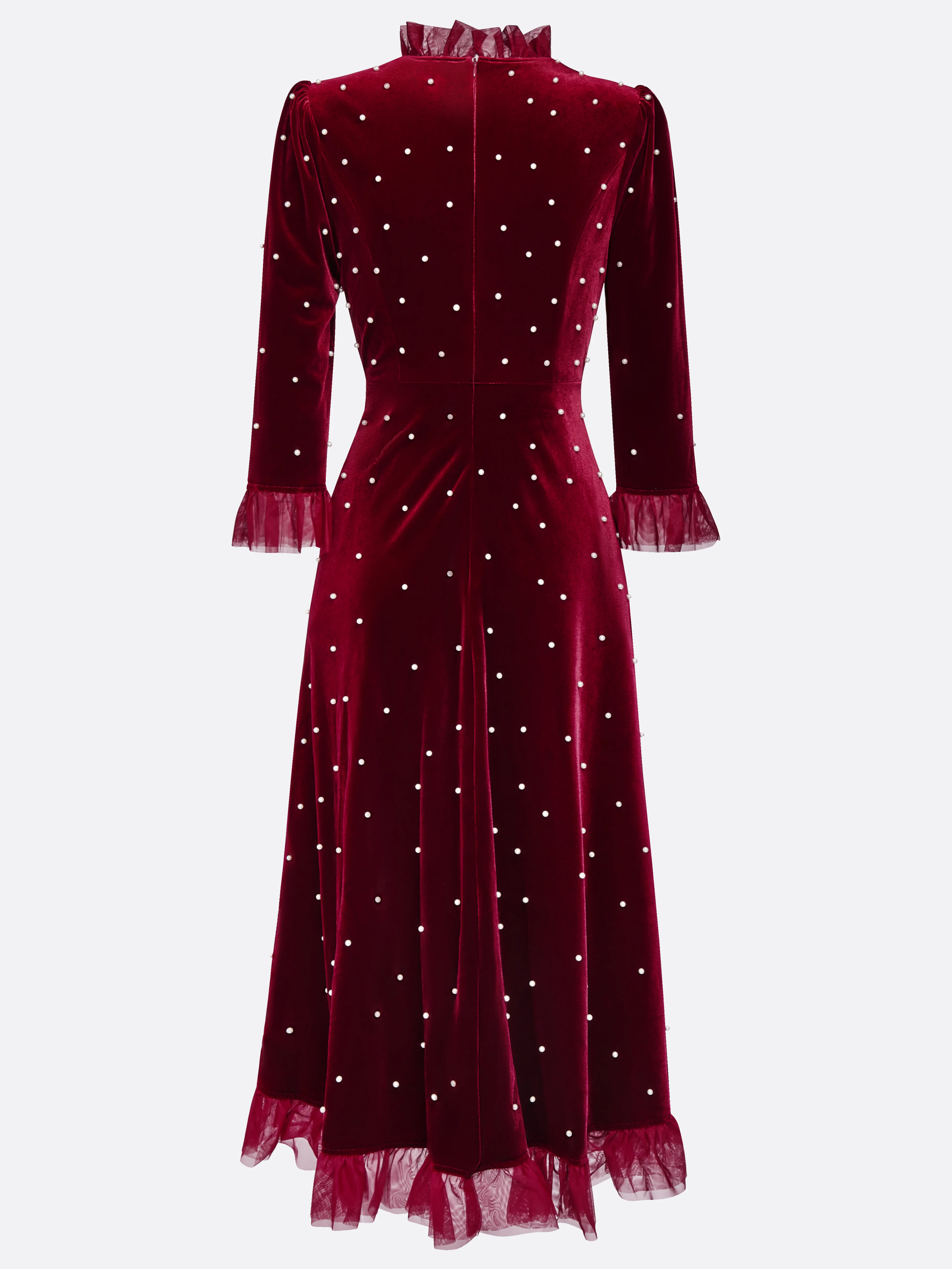 Burgundy Beaded Mock Neck Three Quarter Sleeve A-Line Maxi Velvet Dress