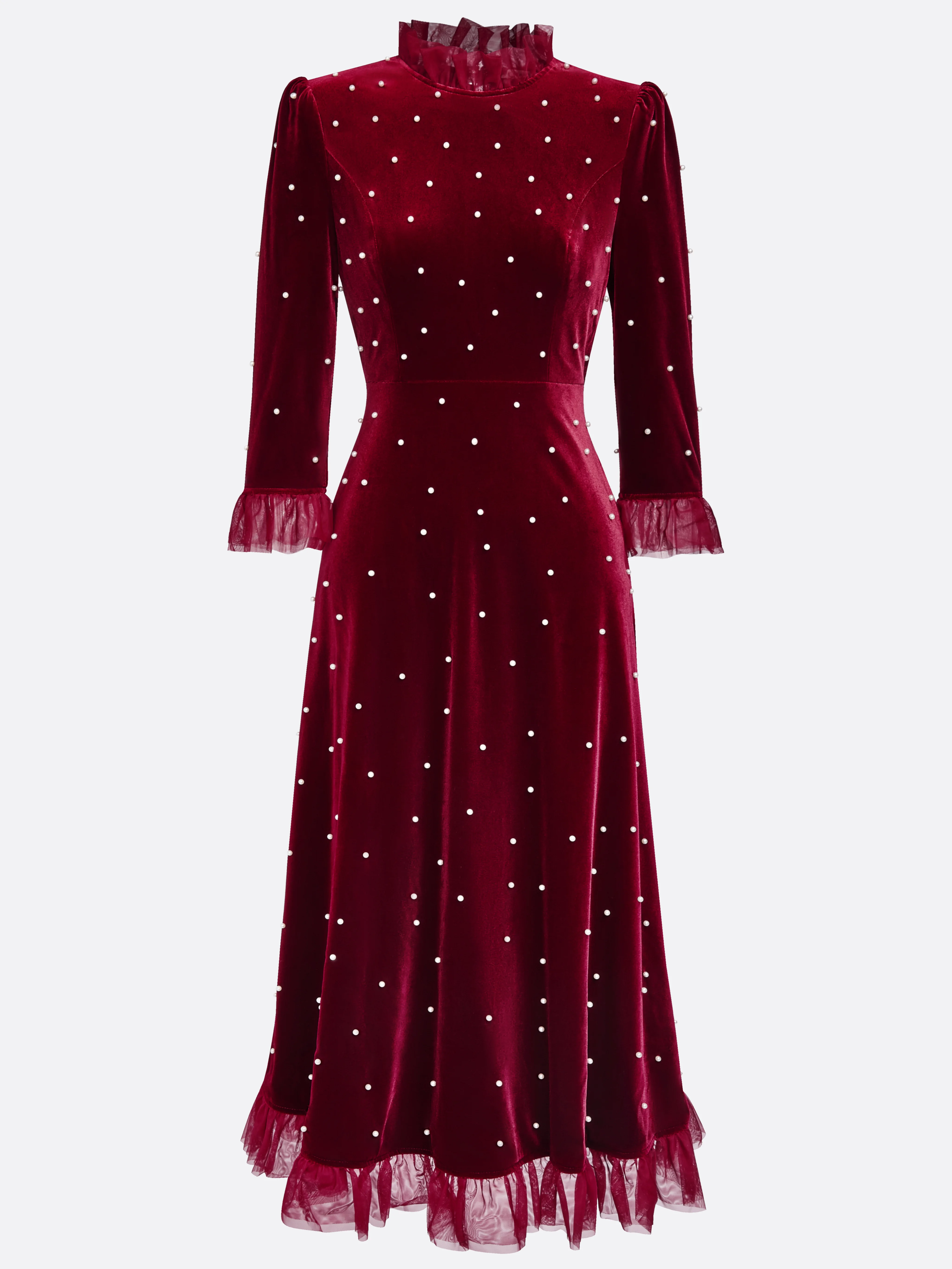 Burgundy Beaded Mock Neck Three Quarter Sleeve A-Line Maxi Velvet Dress
