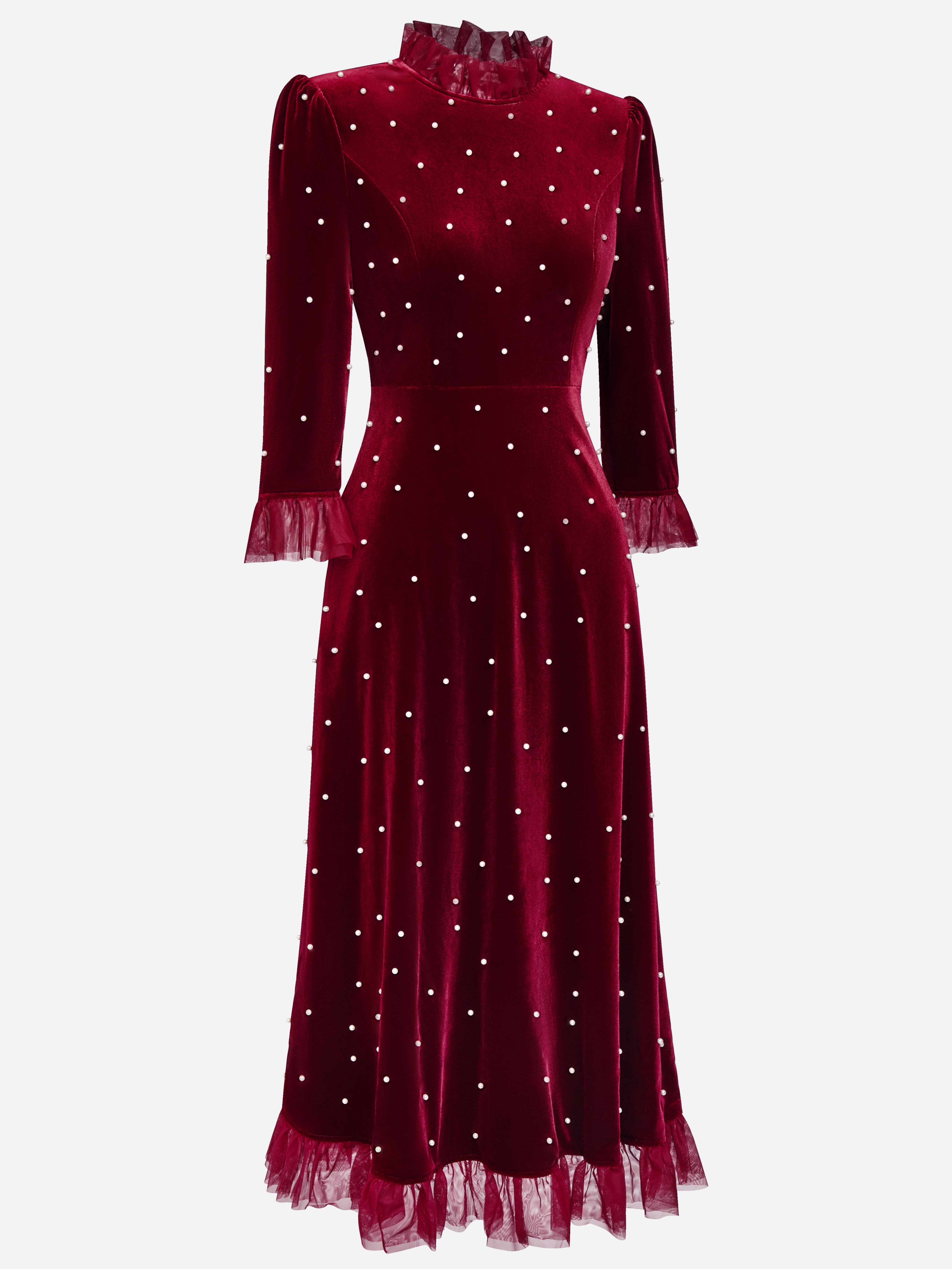 Burgundy Beaded Mock Neck Three Quarter Sleeve A-Line Maxi Velvet Dress