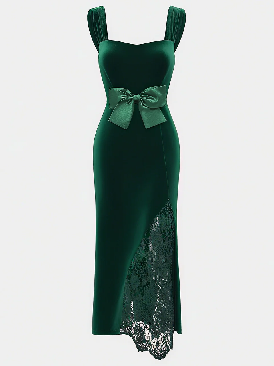 Green Lace Bow Sleeveless Mermaid Maxi Velvet Dress