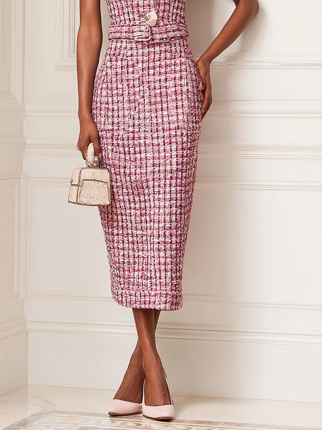 Pink Buckle Tweed Square Neck Sleeveless Sheath Midi Dress