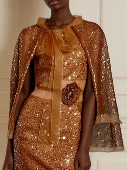 Yellow Glitter 3D Floral Sequin Crew Neck Long Sleeve Sheath Midi Dress