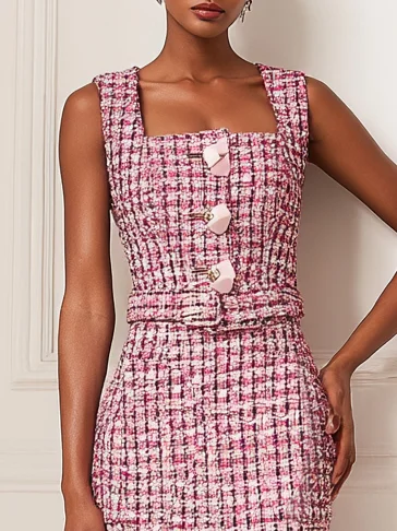 Pink Buckle Tweed Square Neck Sleeveless Sheath Midi Dress