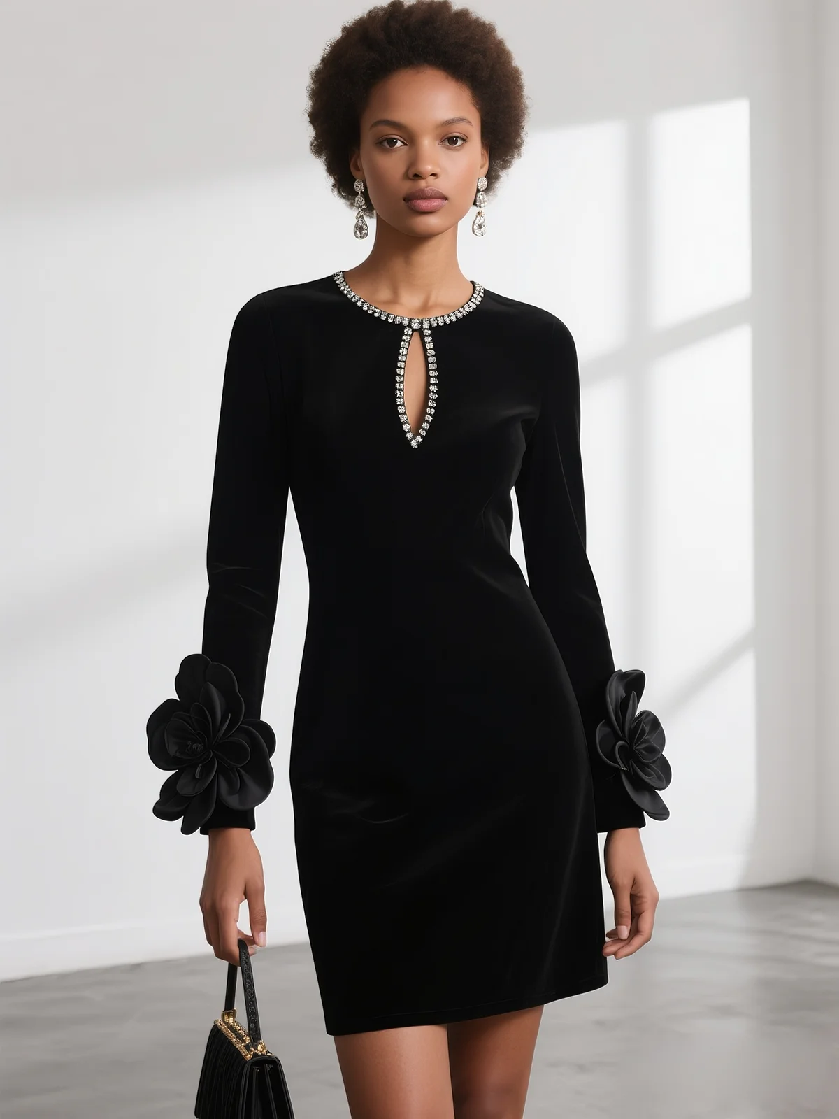 Black 3D Floral Rhinestone Velvet Crew Neck Long Sleeve Sheath Mini Dress