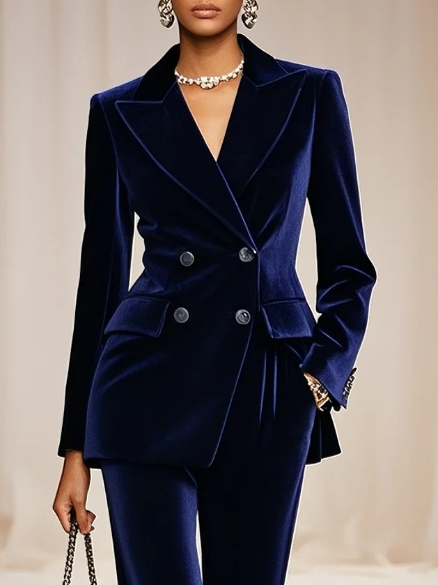 Women Navy Velvet Blue Piping Lapel Collar Long Sleeve Dressy Coat With Pants Two-Piece Set