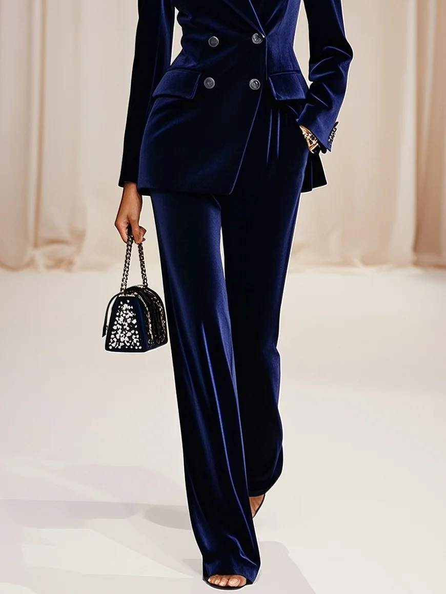Women Navy Velvet Blue Piping Lapel Collar Long Sleeve Dressy Coat With Pants Two-Piece Set